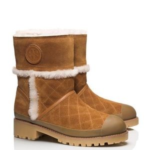 TORY BURCH Boughton Shearling chestnut brown suede pull on lug sole Boot 5
